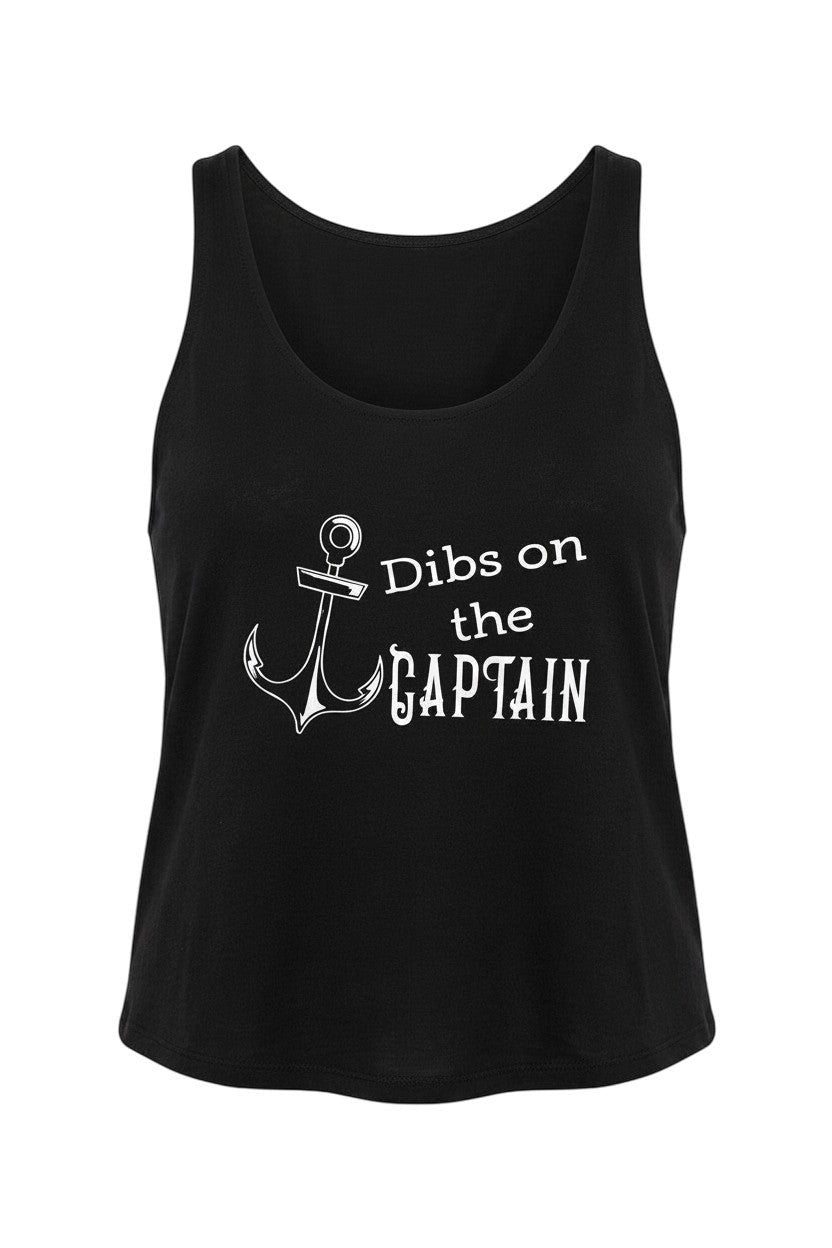 Lakelifewear black women's tank top featuring a white anchor graphic and the text Dibs on the Captain.