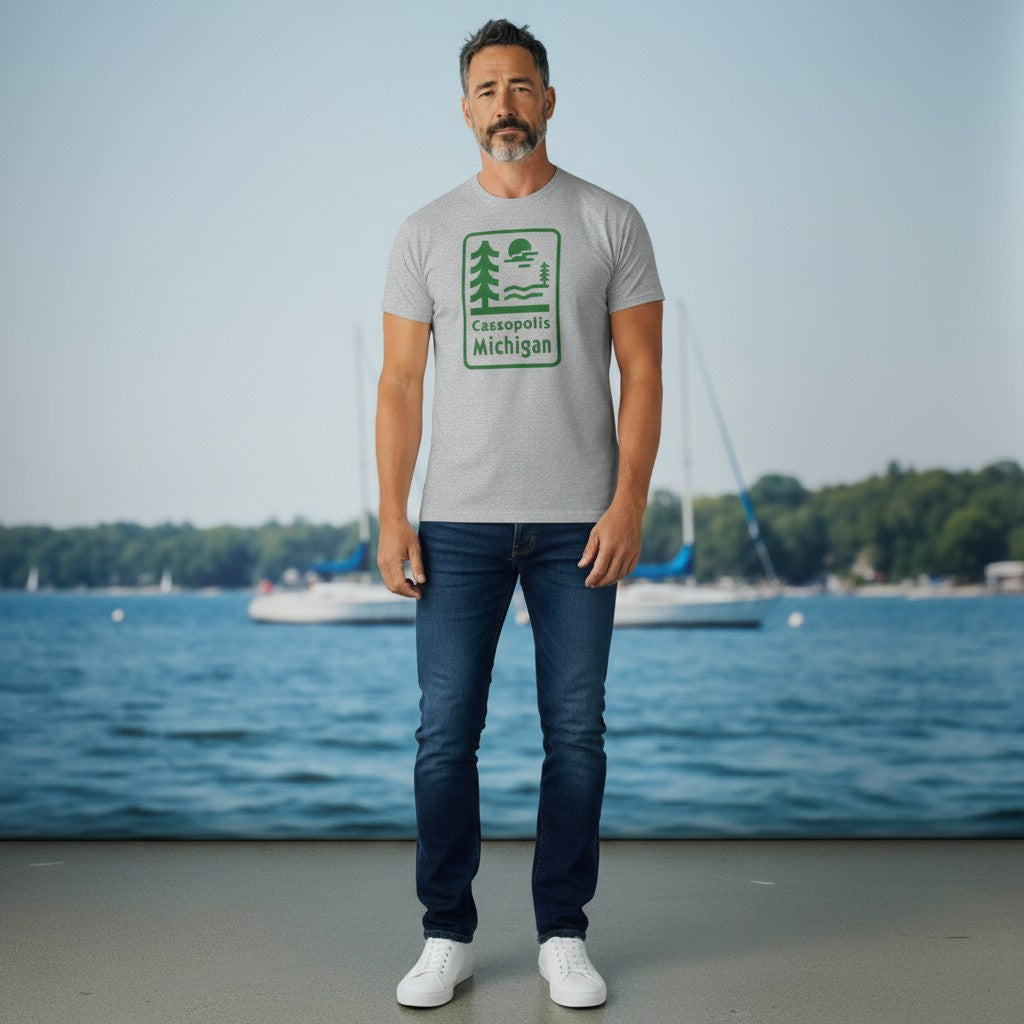 Lakelifewear heather grey crewneck t-shirt with a green Cassopolis Michigan nature graphic worn by a man by the lake
