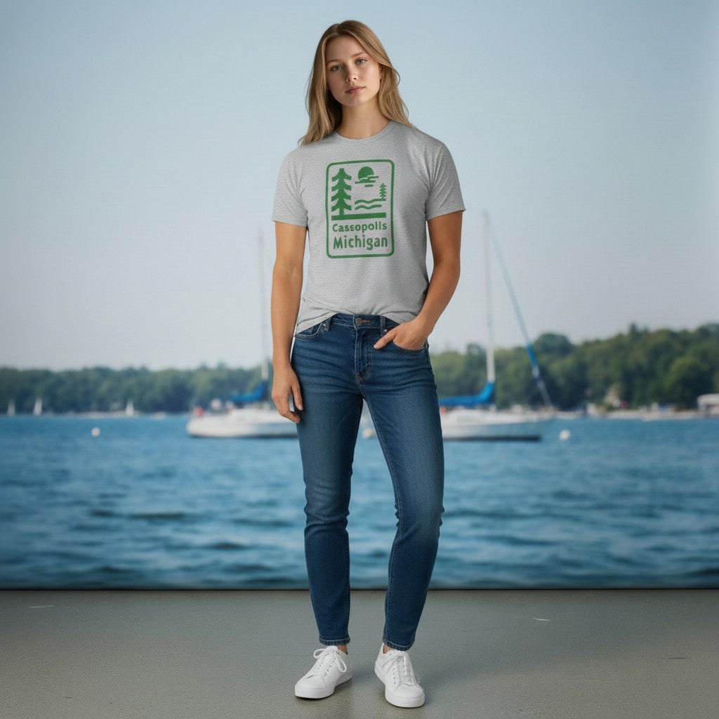 Lakelifewear heather grey crewneck t-shirt with green Cassopolis Michigan nature graphic worn by a woman by the lake