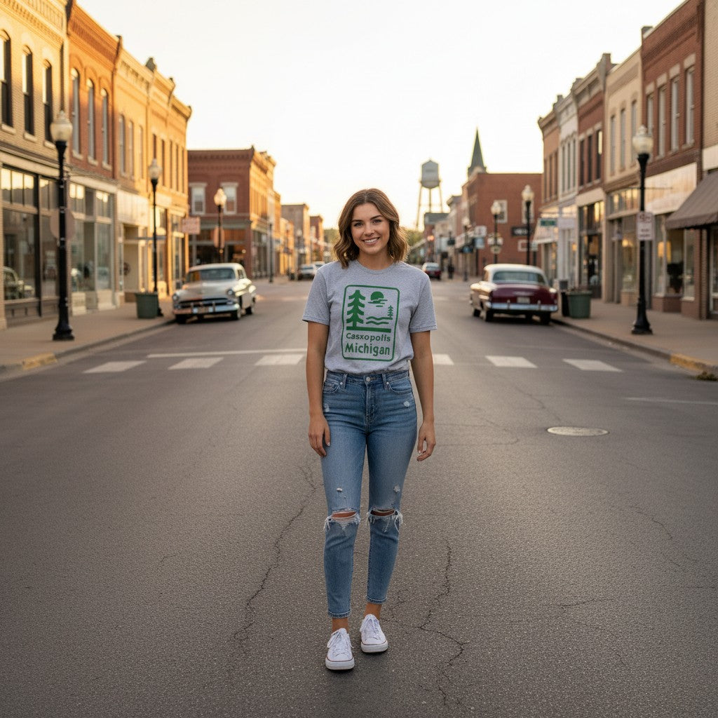 Woman wearing a Lakelifewear heather grey crewneck t-shirt with a Cassopolis Michigan nature graphic on a town street.