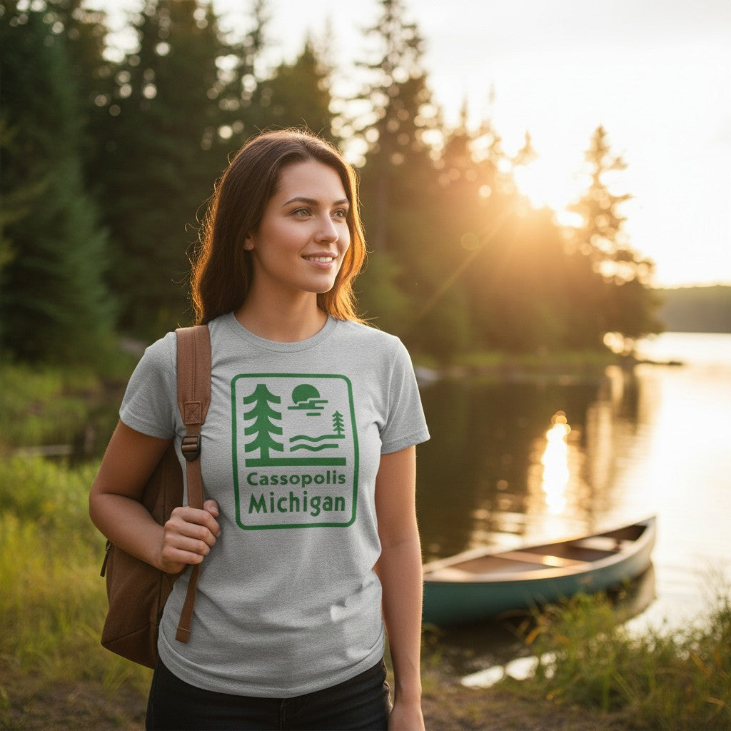 Woman wearing a Lakelifewear heather grey crewneck t-shirt with a green Cassopolis Michigan nature graphic by a lake.