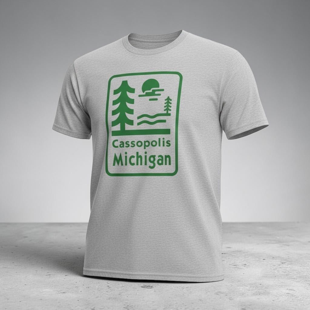 Lakelifewear heather grey crewneck t-shirt with a green Cassopolis Michigan nature graphic print