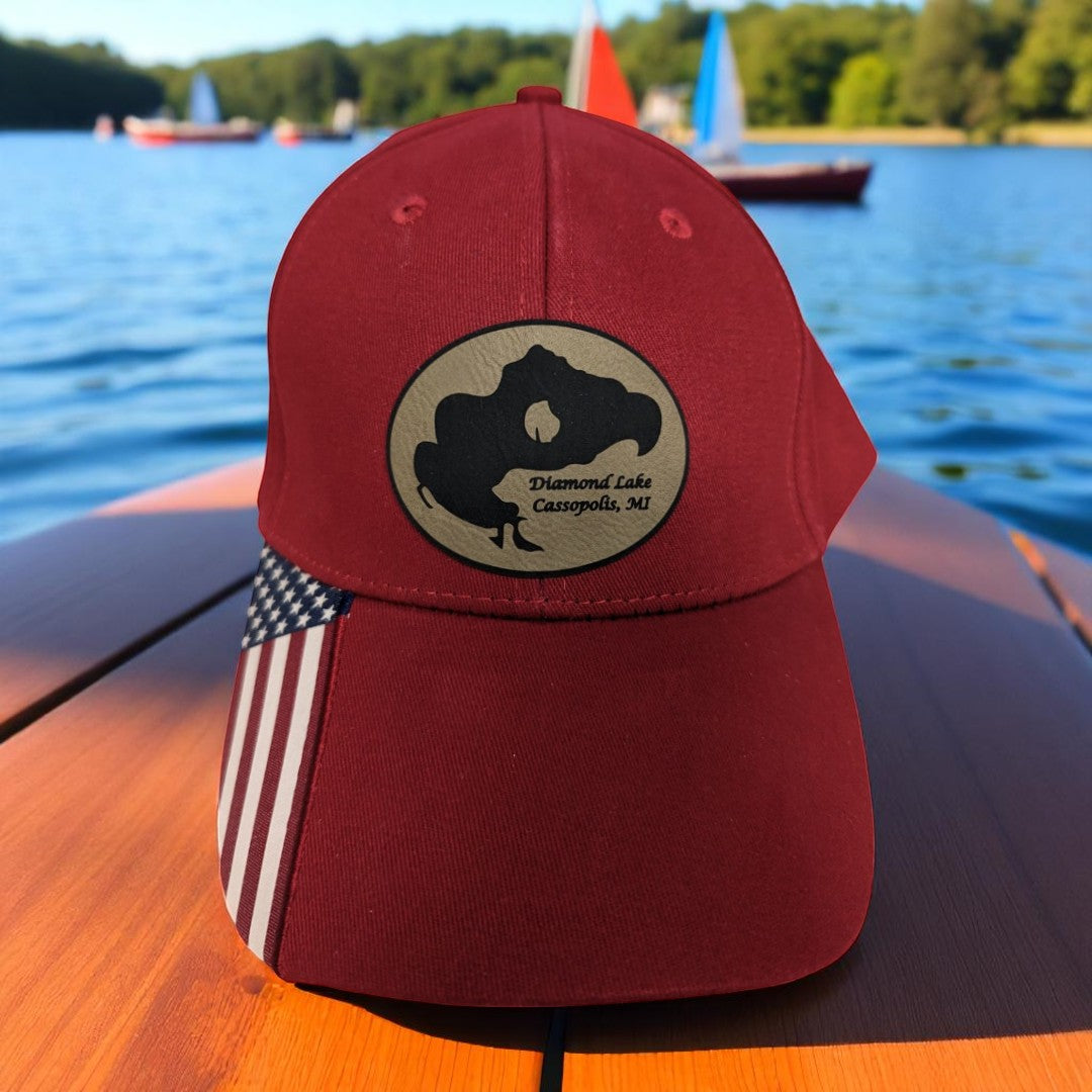Diamond Lake Baseball hat Red w USA Flag