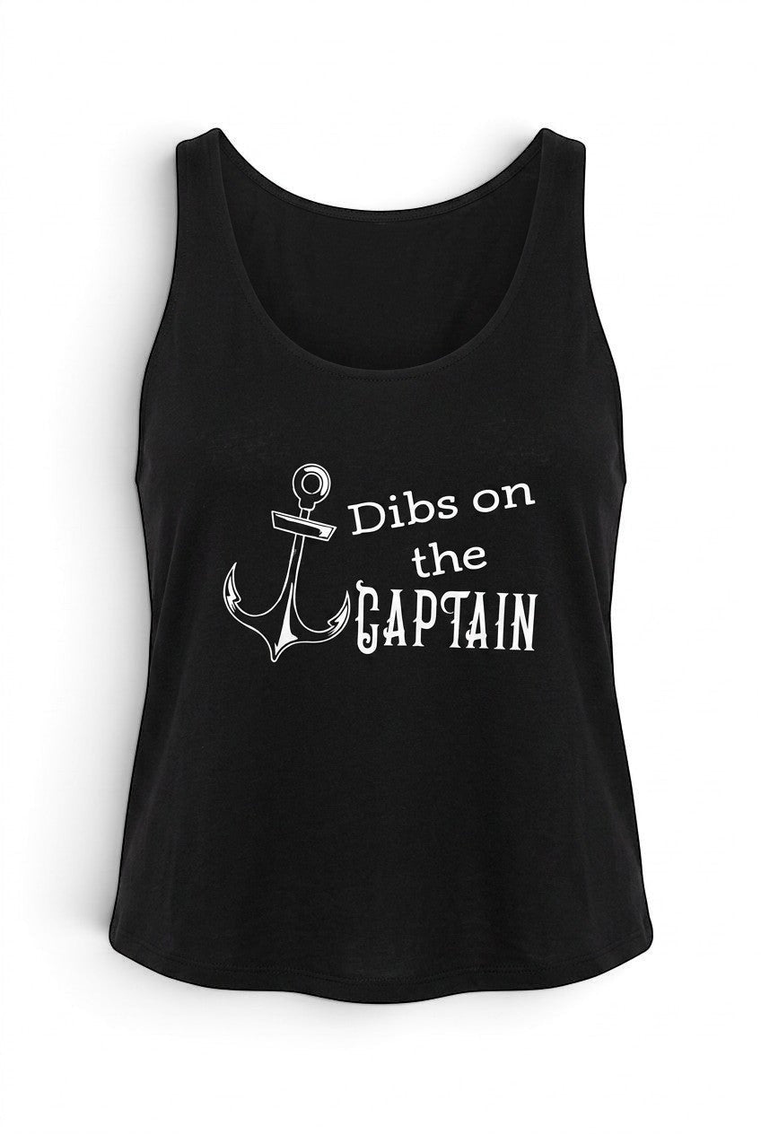 Lakelifewear black women's tank top featuring a white anchor graphic and the text Dibs on the Captain