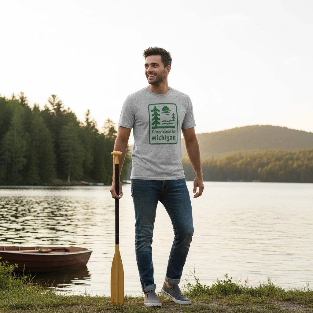 Lakelifewear heather grey crewneck t-shirt with Cassopolis Michigan nature graphic worn by a man by a lake