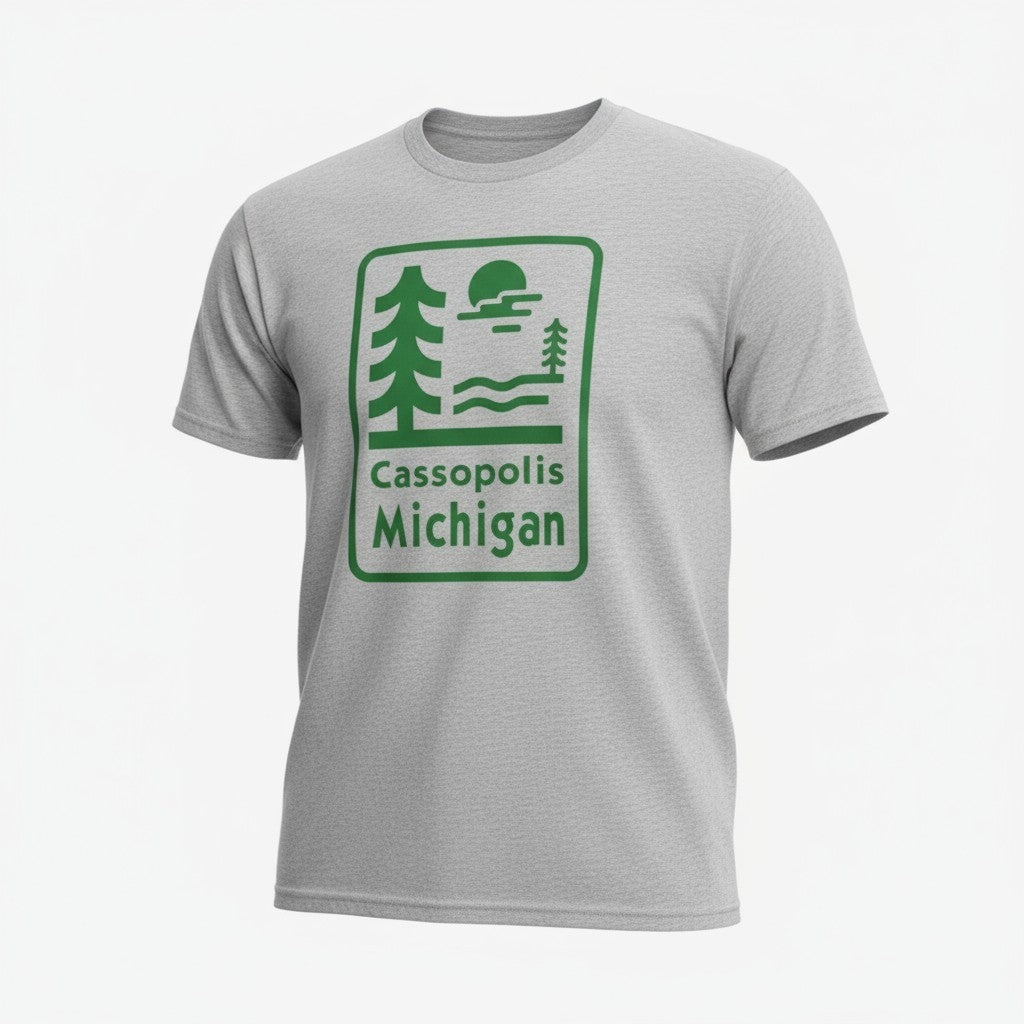 Lakelifewear sport grey crewneck t-shirt featuring a green nature-inspired Cassopolis Michigan graphic print
