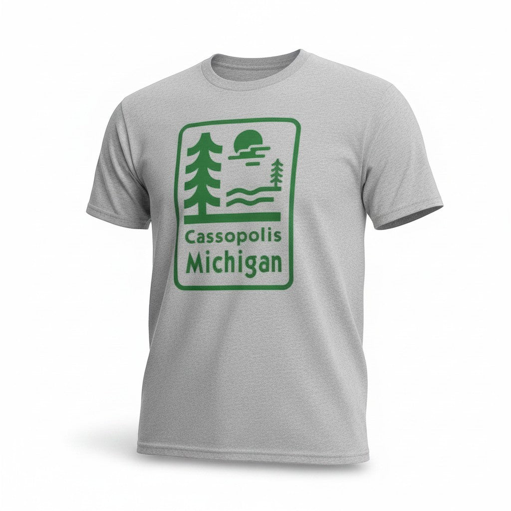 Lakelifewear heather grey crewneck t-shirt with a green Cassopolis Michigan nature graphic print