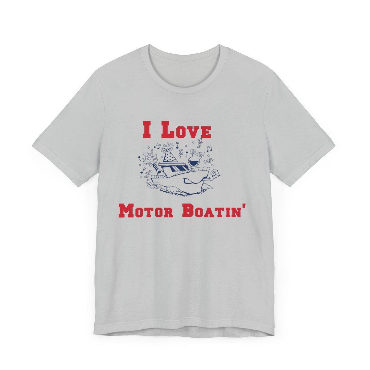 Lakelifewear sport grey short-sleeve t-shirt with I Love Motor Boatin' graphic print for casual summer boating wear.